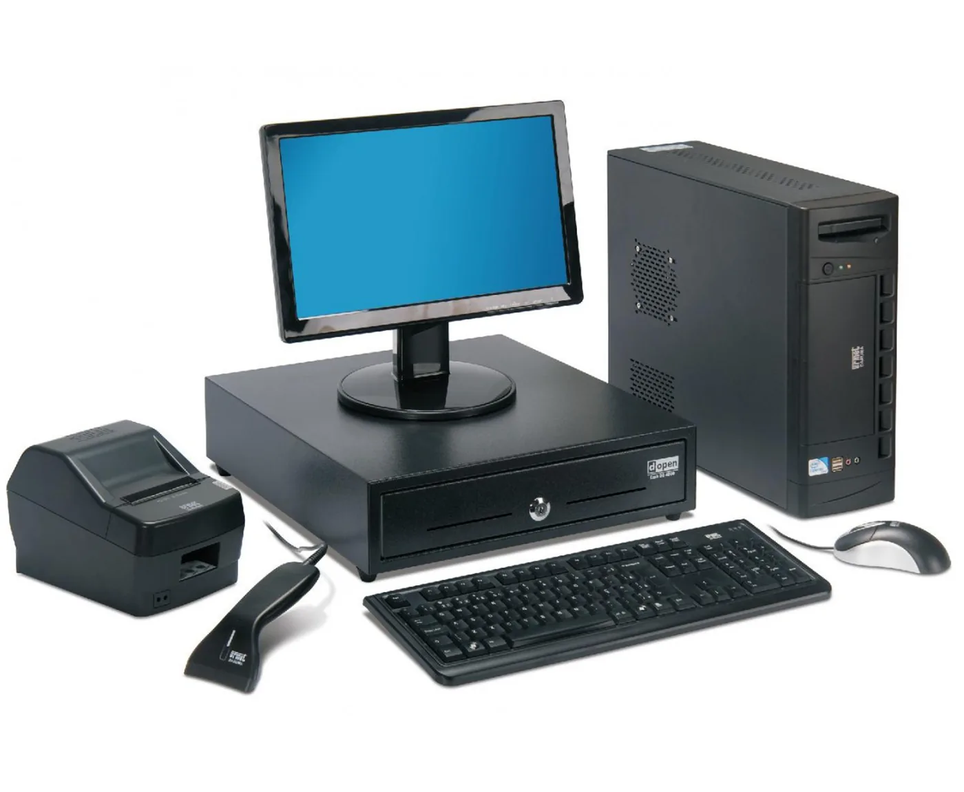 Kit de PDV com computador, monitor, gaveta, impressora de cupom, teclado e leitor de código de barras