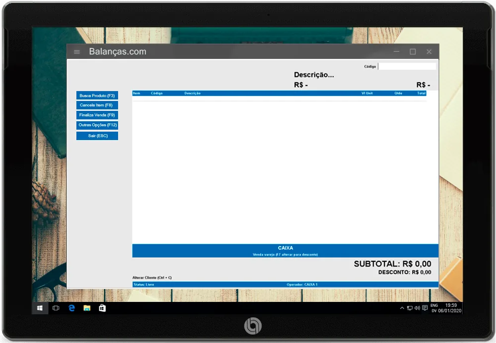 Tela de frente de caixa do BC System em um tablet